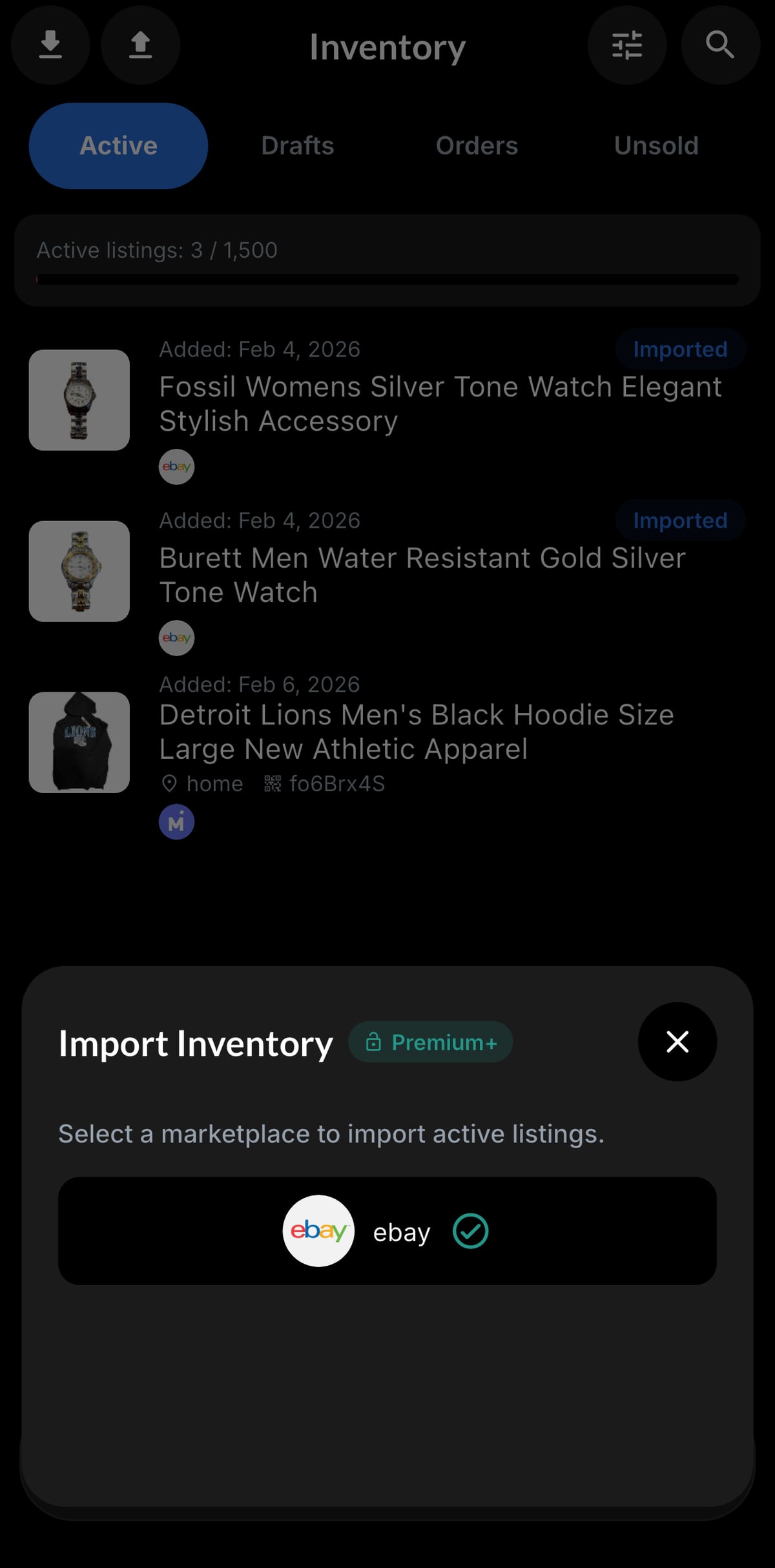 Resylr saved-scan eBay inventory import screen